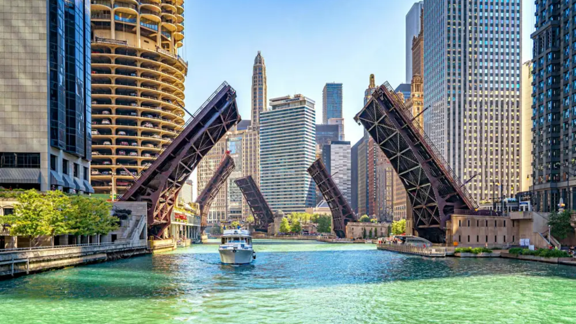 The Chicago Riverwalk promenade along the Chicago River downtown