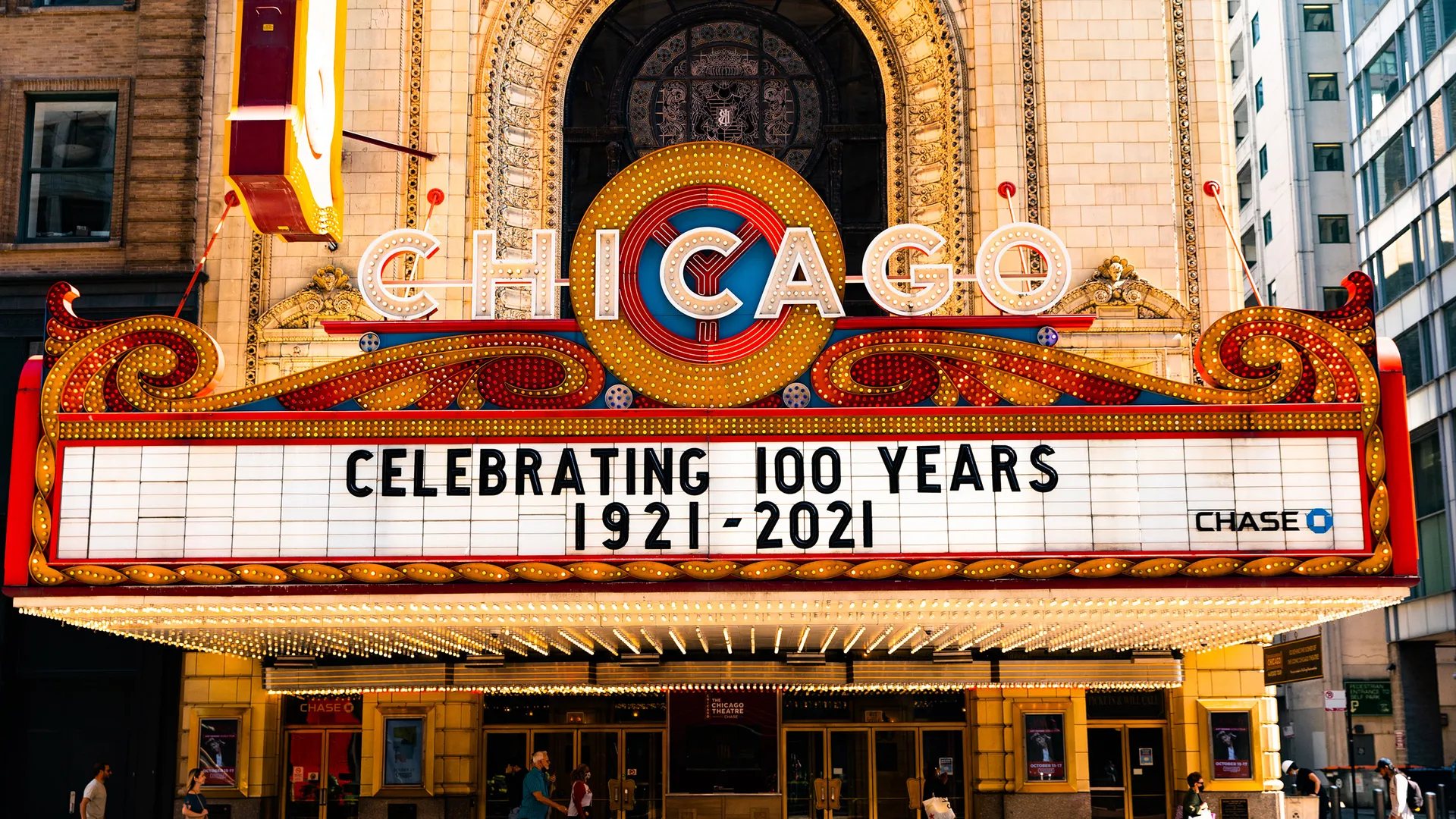 The Chicago Theatre marquee on State Street in the Loop