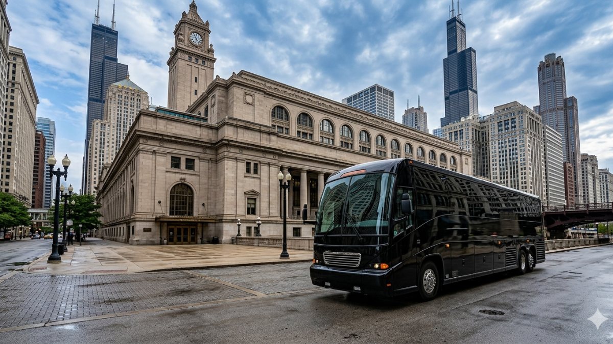 Black luxury 54-passenger motorcoach for Chicago charters