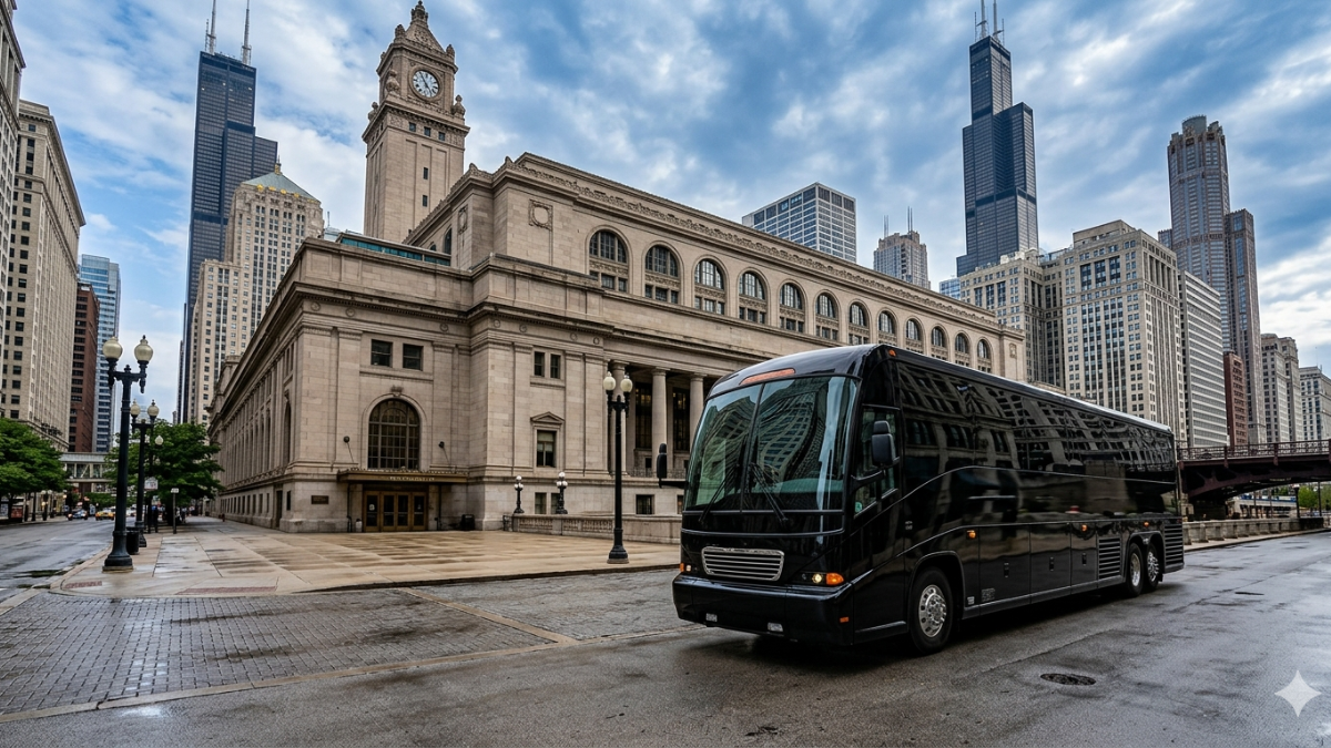 54-passenger coach bus for large Skokie group transportation