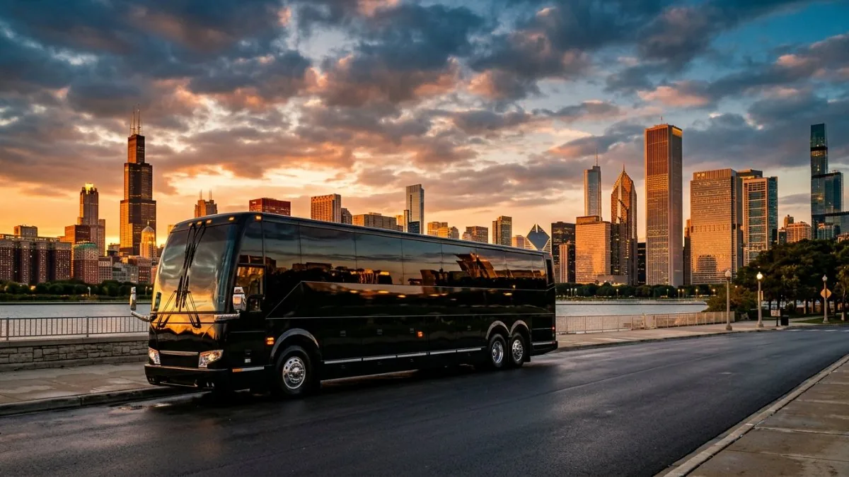 54 passenger coach bus driving from O'Hare airport to Chicago