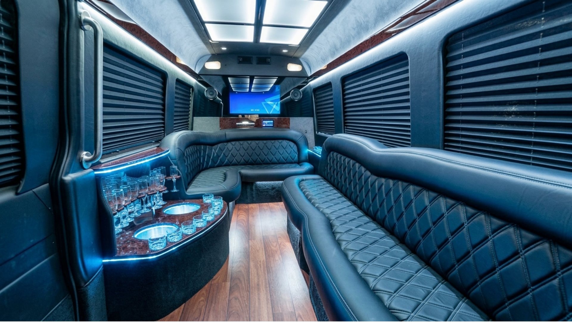 Party bus interior - sound system and on-board bar
