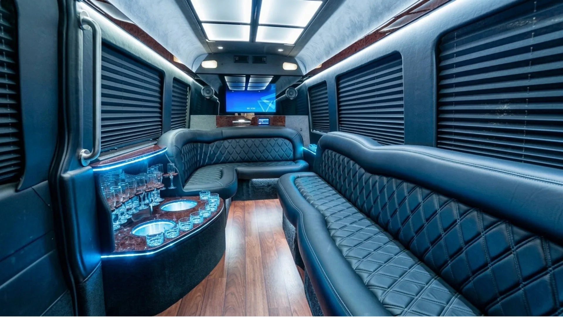 Party bus interior - sound system and on-board bar