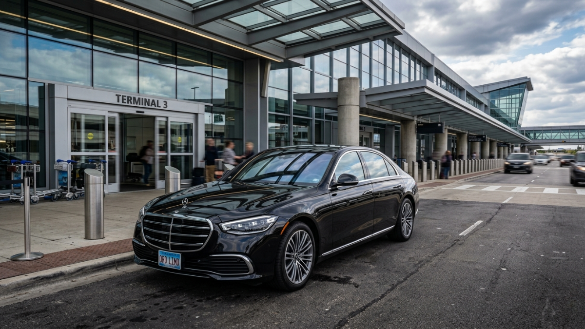 Mercedes-Benz S-Class arriving for an O'Hare airport drop-off