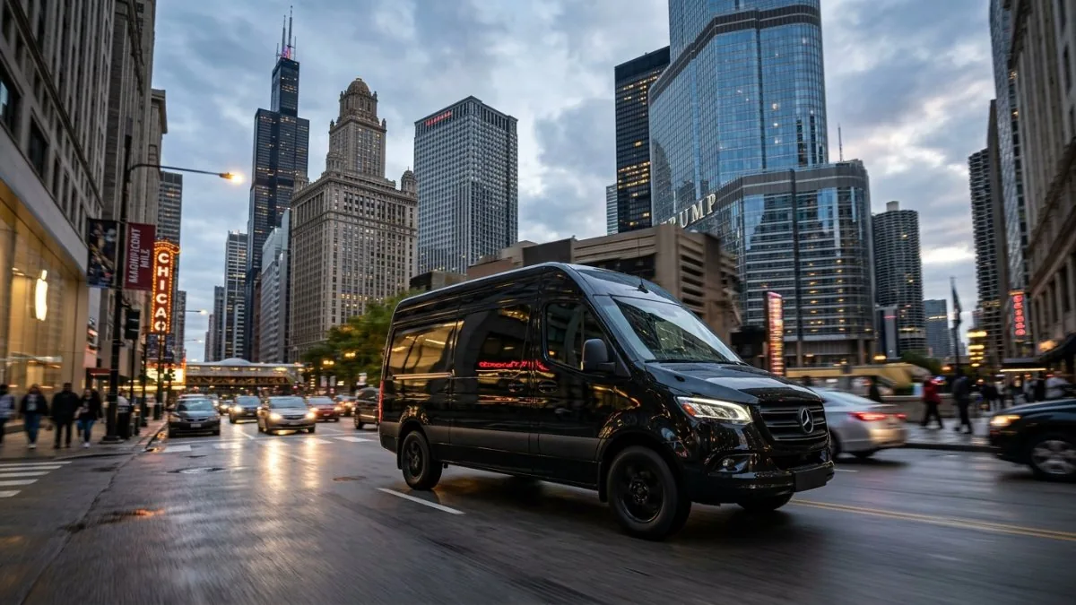 Mercedes-Benz Sprinter van limo for corporate group travel to O'Hare
