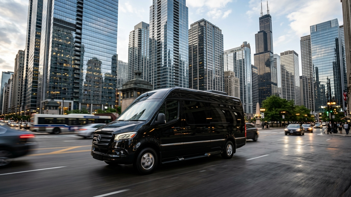Mercedes-Benz Sprinter van for O'Hare group drop-off