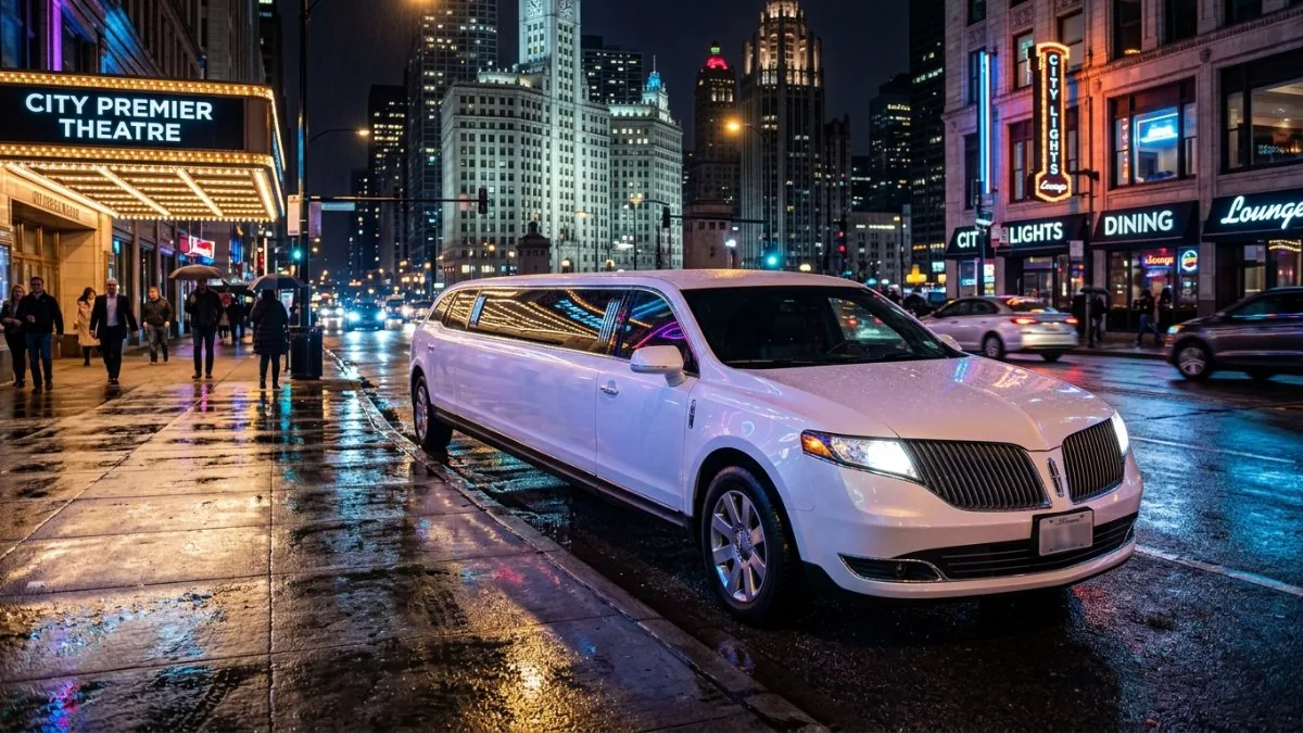 White Lincoln MKT stretch limo driving downtown Chicago at night